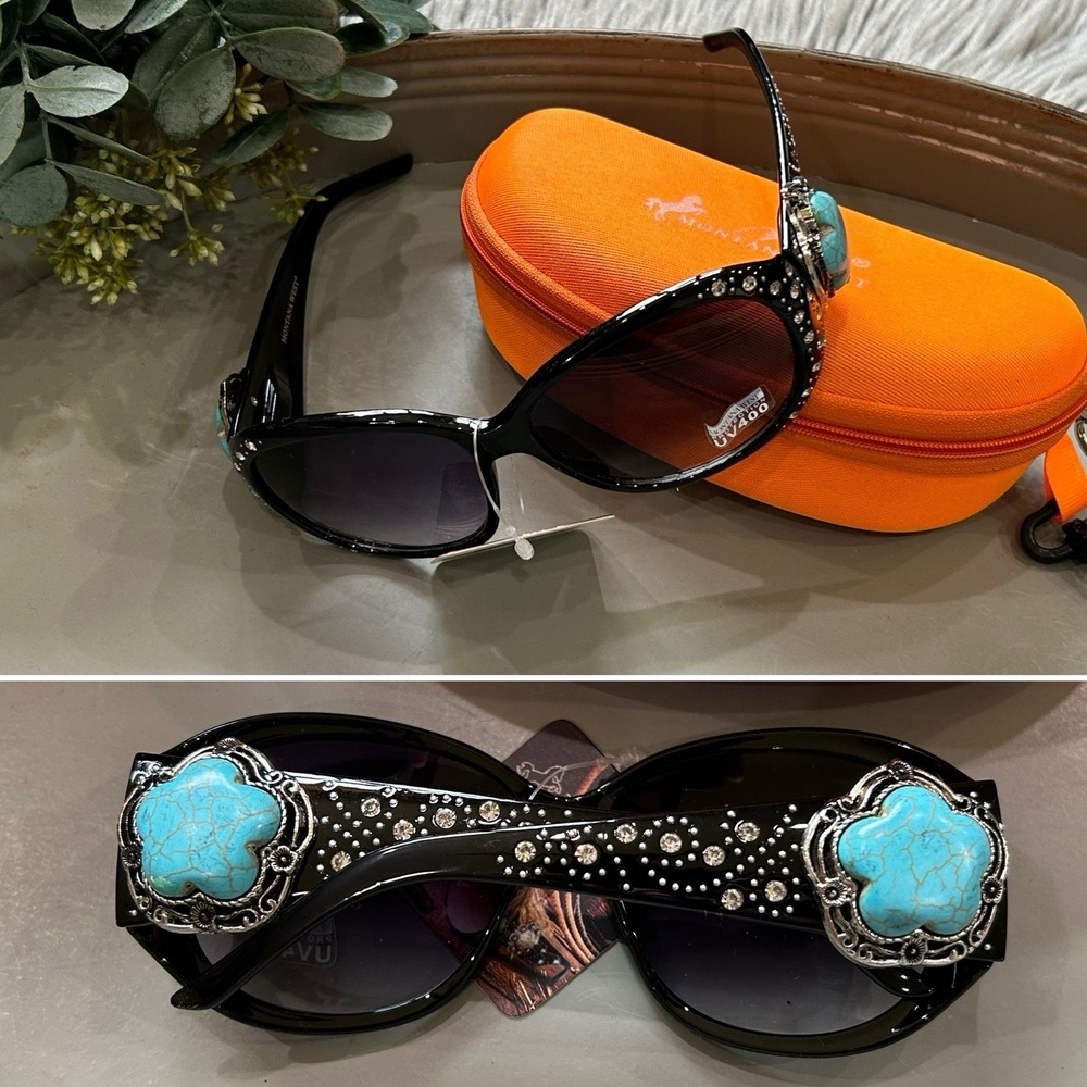 Montana West Sunglasses in Black w/Turquoise Flower Concho Accents